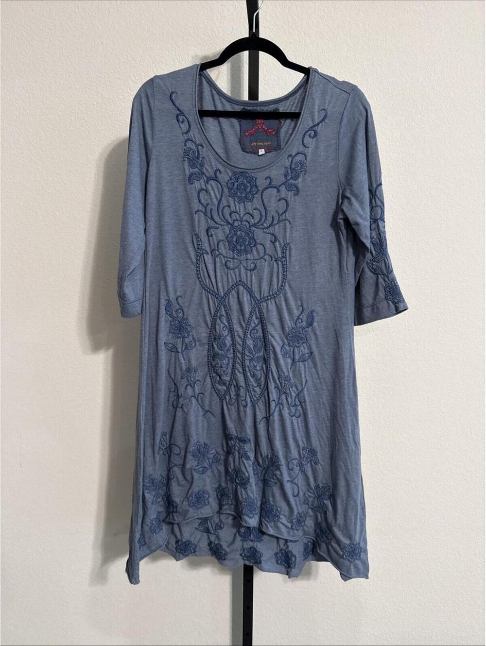 Johnny Was Blue Embroidered Boho Dress Lrg